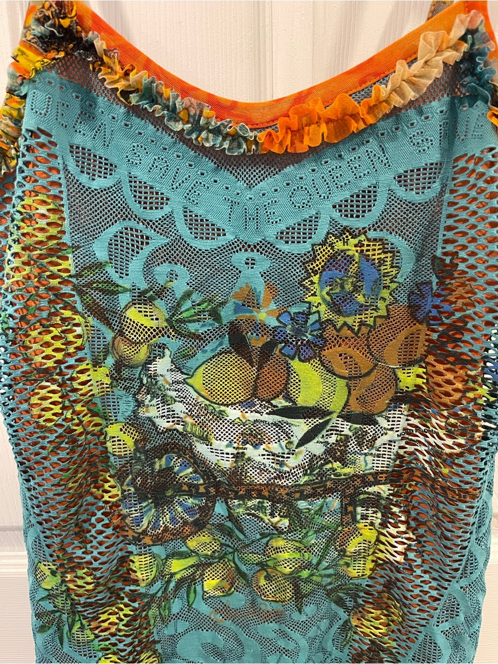 Save The Queen Y2K Turquoise Floral Mesh sleeveless Cami with Orange Trim medium - Picture 2 of 11